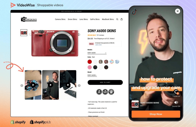 VideoWise Shoppable videos, customized widget from camskns.com. Showcases vertical videos from tiktok/instagram.